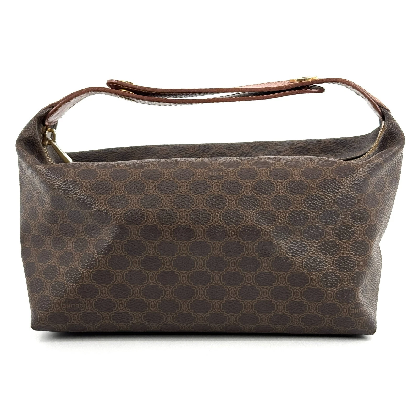 CELINE Macadam Triomphe Pouch Bag Marrone PVC Pelle Vintage Manico Superiore Autentica