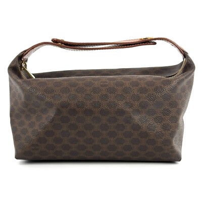 CELINE Macadam Triomphe Handle Pouch Bag accessory PVC Leather Brown Gold Auth