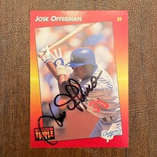 JOSE OFFERMAN 1992 LEAF DONRUSS TRIPLE AUTOGRAPHED SIGNED AUTO BASEBALL CARD 153
