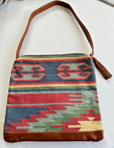 KILIM Umhängetasche Handtasche mit Lederbesatz & Quaste MEHRFARBIG türkischer Teppich EUC - Bild 3 von 11