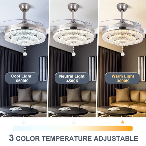 42" Crystal Chandelier Retractable Ceiling Fan 3-Speeds Remote 3-Color Led Light - Picture 5 of 13