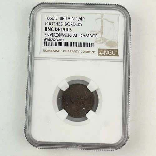 Great Britain 1860 Farthing Victoria 1/4p UNC Details Toothed Borders NGC Graded