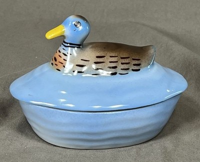 Cerabel Porcelain Duck Trinket Box Dish Blue Small Made in Belgium 3 1/2'' Tall
