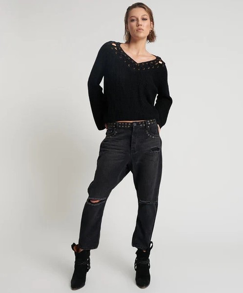 One Teaspoon Kingpins Cropped Boyfriend Jeans Womens Sz 34 Black Oak Grunge Punk