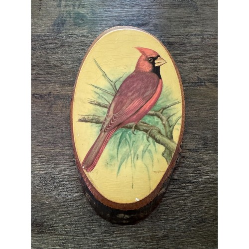 Vintage Cardinal Bird Wood Slice Wall Art 1970s