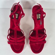 Nina Red Velvet Strappy Heels Size 8M - Elegant T-Strap Dress Sandals for Women