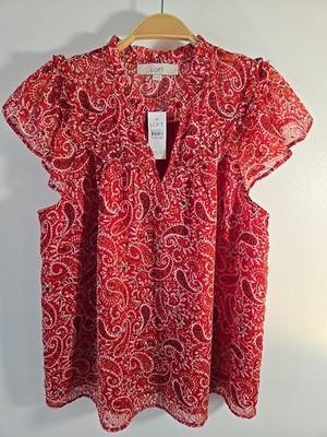 NWT Loft Red Paisley Ruffle Details Blouse Size L Lined