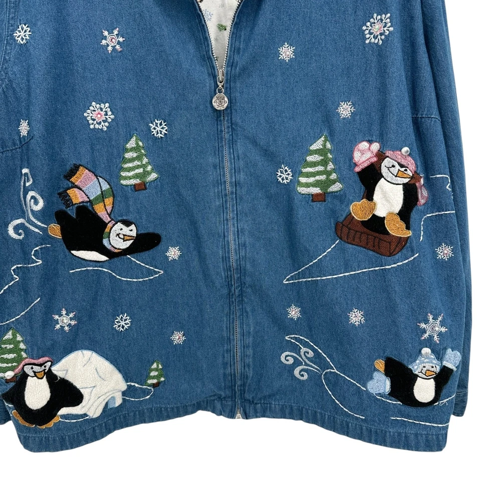 Vtg Fashion Bug Penguin Denim Jacket 30/32W Winter Holiday Embroidered Zip - Image 2 of 4