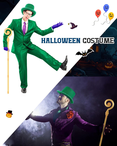 7 Pcs Halloween Green Costume Accessories Hat Wig Necktie Gloves Cane Face Paint - Picture 5 of 7