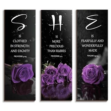 DONFENTHY 3 Pcs Purple Bedroom Decor Rose Wooden Wall Decor Inspirational Far...