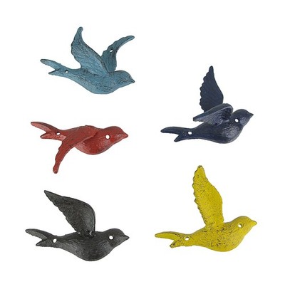 Set of 5 Colorful Cast Iron Distressed Finish Flying Bird Wall Décor Sculptures