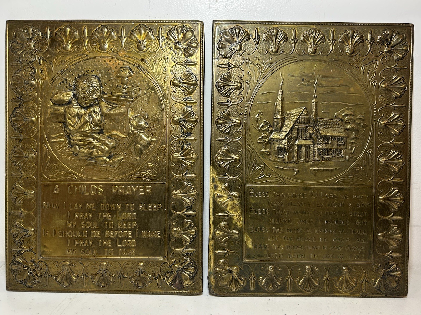 Set Of 2 Embossed Brass Wall Plaques England Child’s Prayer & Bless This House