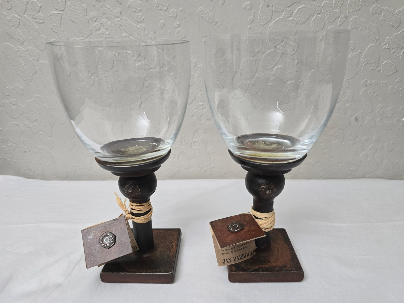 2 Jan Barboglio Artisan Iron  / Clear Blown Glass 9 1/4” Votive Candle Chalices