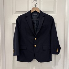 Lands End Boys Sz 8H Blazer Navy Blue Wool Blend Gold Buttons Church School