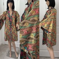 Vintage Psychedelic Metallic Cotton Kimono Jacket Robe SM