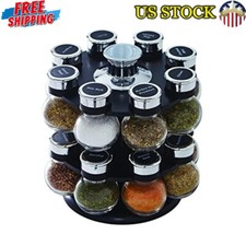 16 Clear Jars ＆ Revolving Spice Rack Plastic 2 Tier Kitchen W/ Lift & Pour Caps