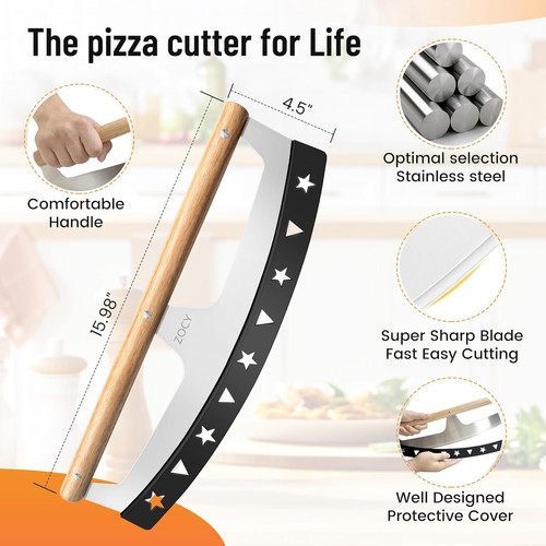 Pizza Cutter Rocker with Wooden Handles & Protective Cover (16inch) - Picture 2 of 6