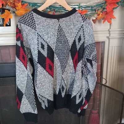 Mens' VAN CORT Vintage Gray, Black, Red Sweater, Large, Pre-Owned, 100% Acrylic