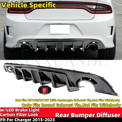 Carbon Fiber Look Rear Bumper Diffuser W/LED Light For Dodge Charger 2015-2023