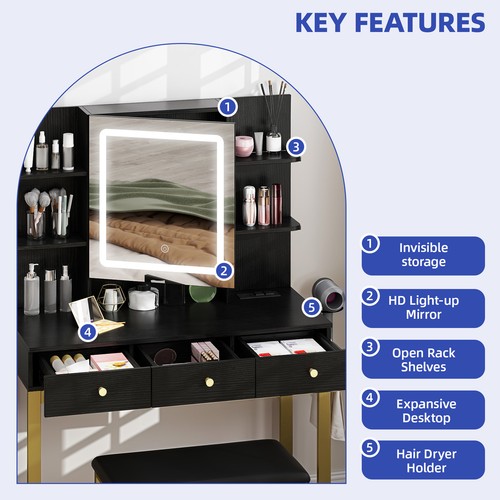 Vanity Desk Makeup Table 3 Drawers Storage w/ LED Lighted Mirror & Power Outlets - Picture 3 of 11