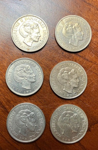 1977-1,1980-1,1981-1,1984-3 1 krone danish coins, Lot of 6, KM C222