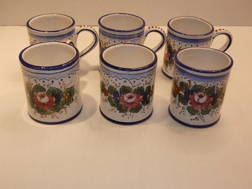 Deruta Italy Set 6 Mugs, Multicolor Flowers, Blue Rim Bands