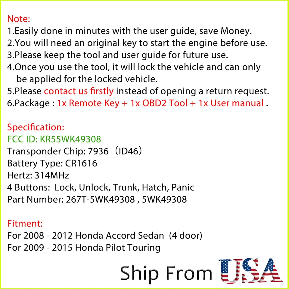 Mando a distancia para Honda Pilot 2008-2012 Accord sedán KR55WK49308 2009-2015 Foto 2 de 4