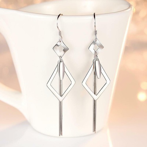 Pure S990 Fine Silver Dangle Women Lucky Rhombus Chain Tassel Long Earrings - Picture 2 of 11