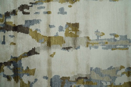 Hand knotted 6X9 Ivory, Olive and Grey abstract Bamboo Silk area rug - DD/OC163 - Picture 6 of 11