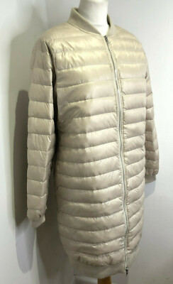 Zara Basic beige down feather long quilted bomber jacket coat L 14 VGC padded 