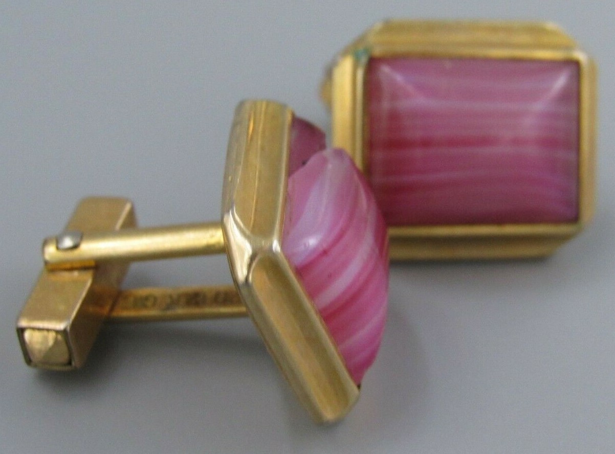 Mens Vintage CUFFLINK 12K Gold Filled Pink Art Gl… - image 3