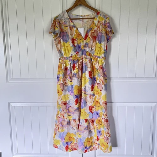 Isabel Maternity - Maternity Dress Flutter Sleeve, Yellow Floral, Large NWT