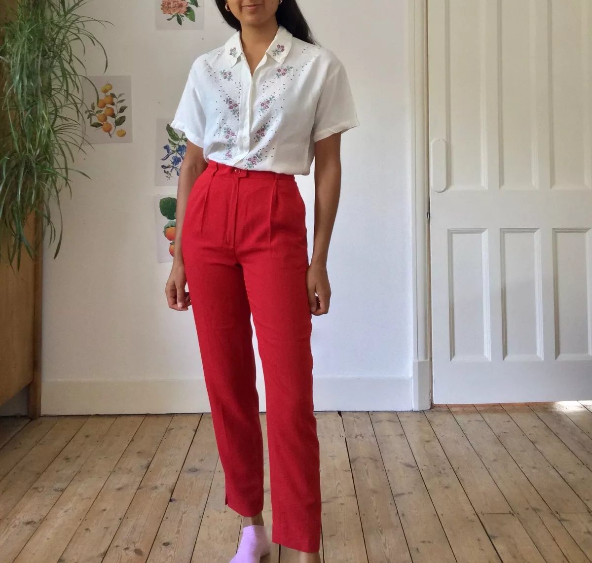 Red tapered best sale trousers