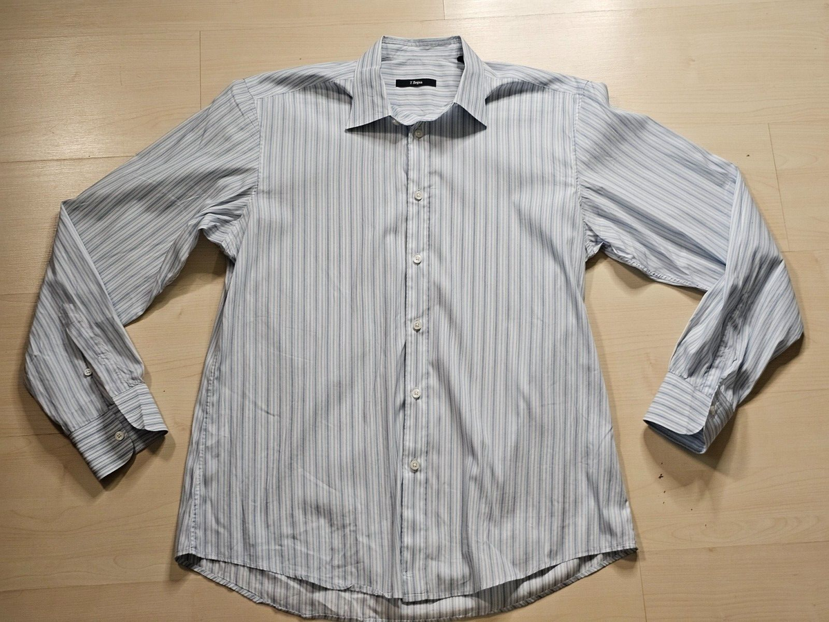 zegna dress shirt Z Zegna Mens City Striped Dress Shirt Cotton 42x16.5 Blue White