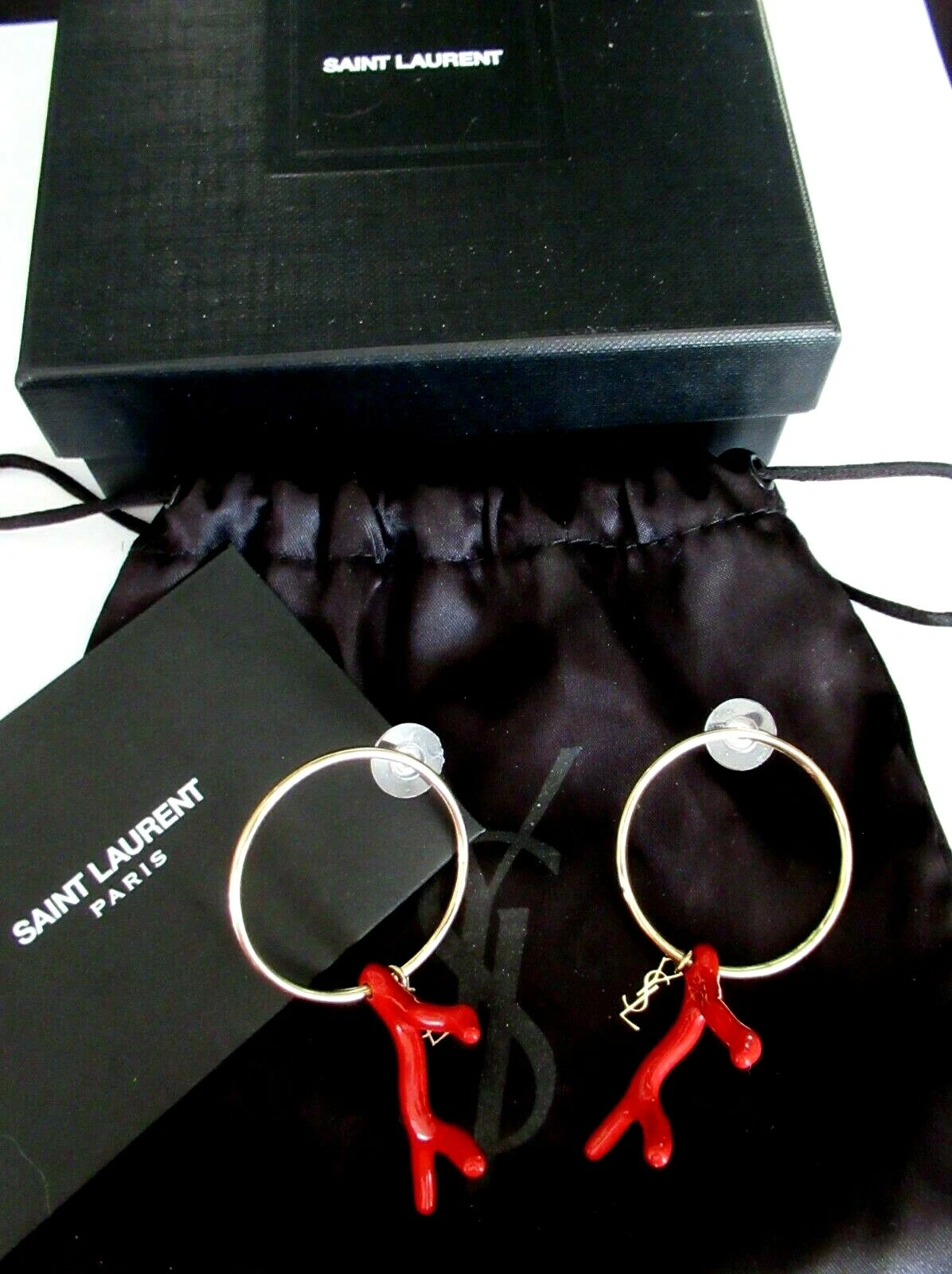 YSL YVES SAINT LAURENT Gol Hoop Red Faux Coral Branch Hoop Earrings In Box!