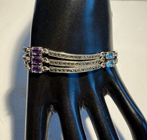 Designer Triple Row Multi-Gemstone Sterling Silver Bracelet Amethyst Citrine 925 - Picture 9 of 17