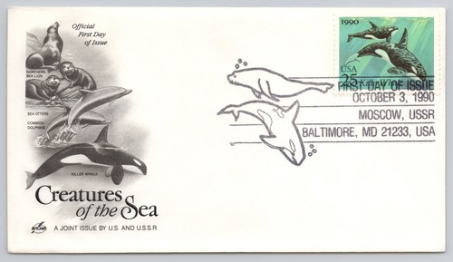 FDC (4) Sea Creatures DOLPHIN WHALE OTTER LION, Moscow USSR Baltimore. Artcraft - Picture 6 of 9