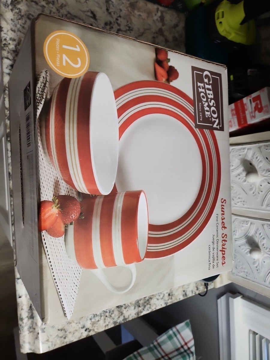 Gibson Home Sunset Stripes 12 Piece Round Fine Ceramic Dinnerware Set in Red