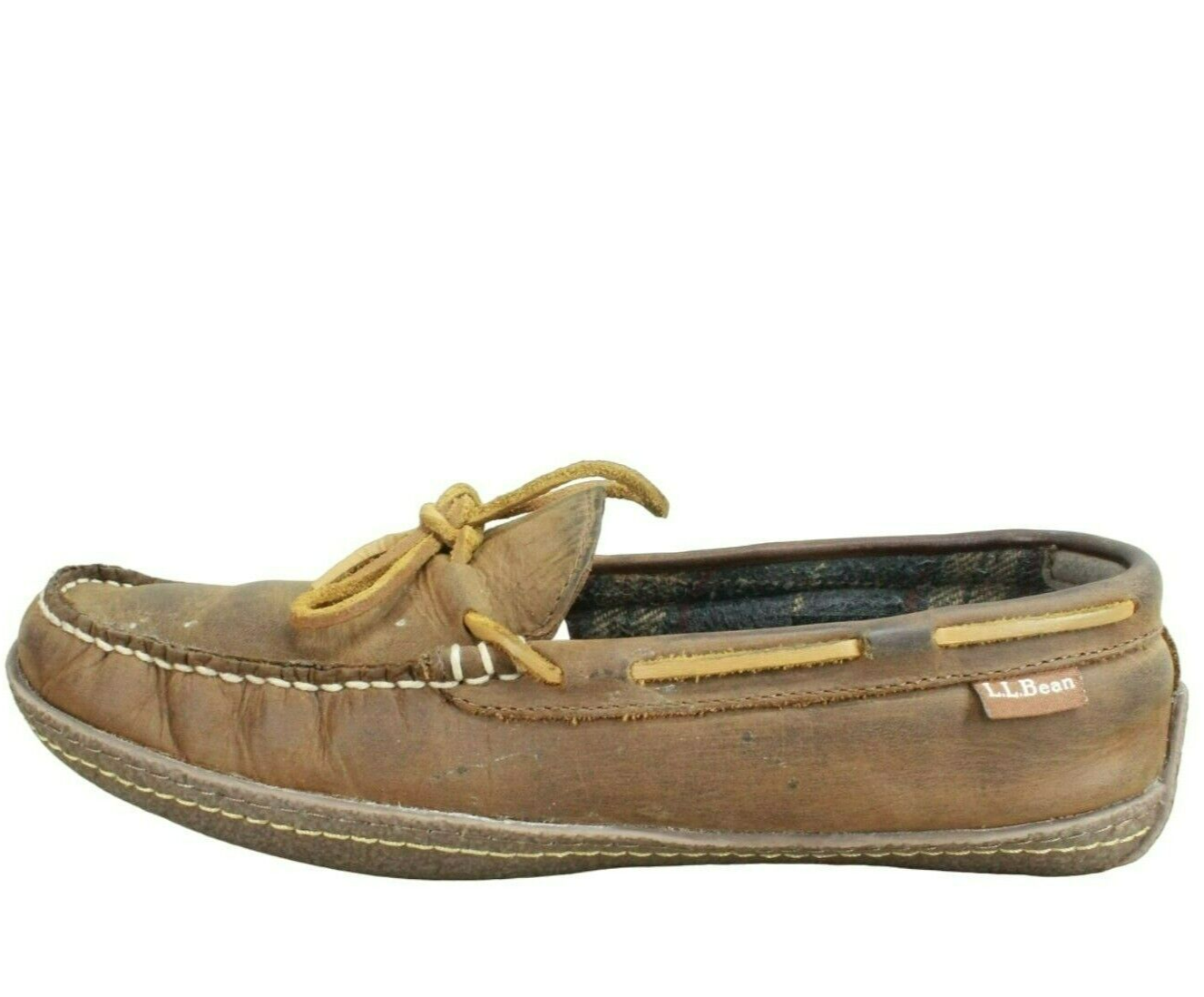 LL Bean Men's Brown Leather Slip On Plaid Lined Handsewn Moccasin