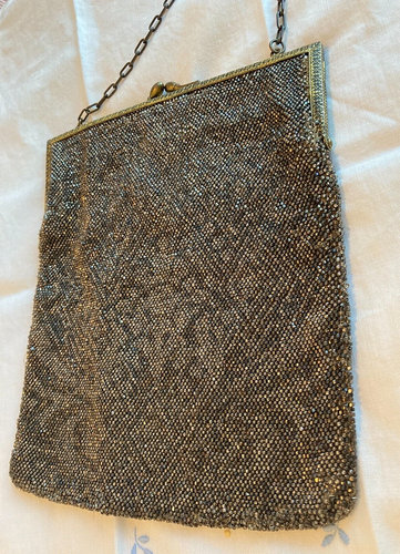 ANTIQUE MICROBEADED METALLIC GOLD SILVER Gold Chain/Kisslock PURSE Art Deco 8" - Picture 24 of 24