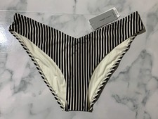 Women's Black & White Striped V-Cut Bikini Swim Bottoms