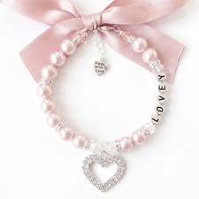 Personalized Pink Pearl Dog Cat Necklace Collar with Rhinestone Heart Charm