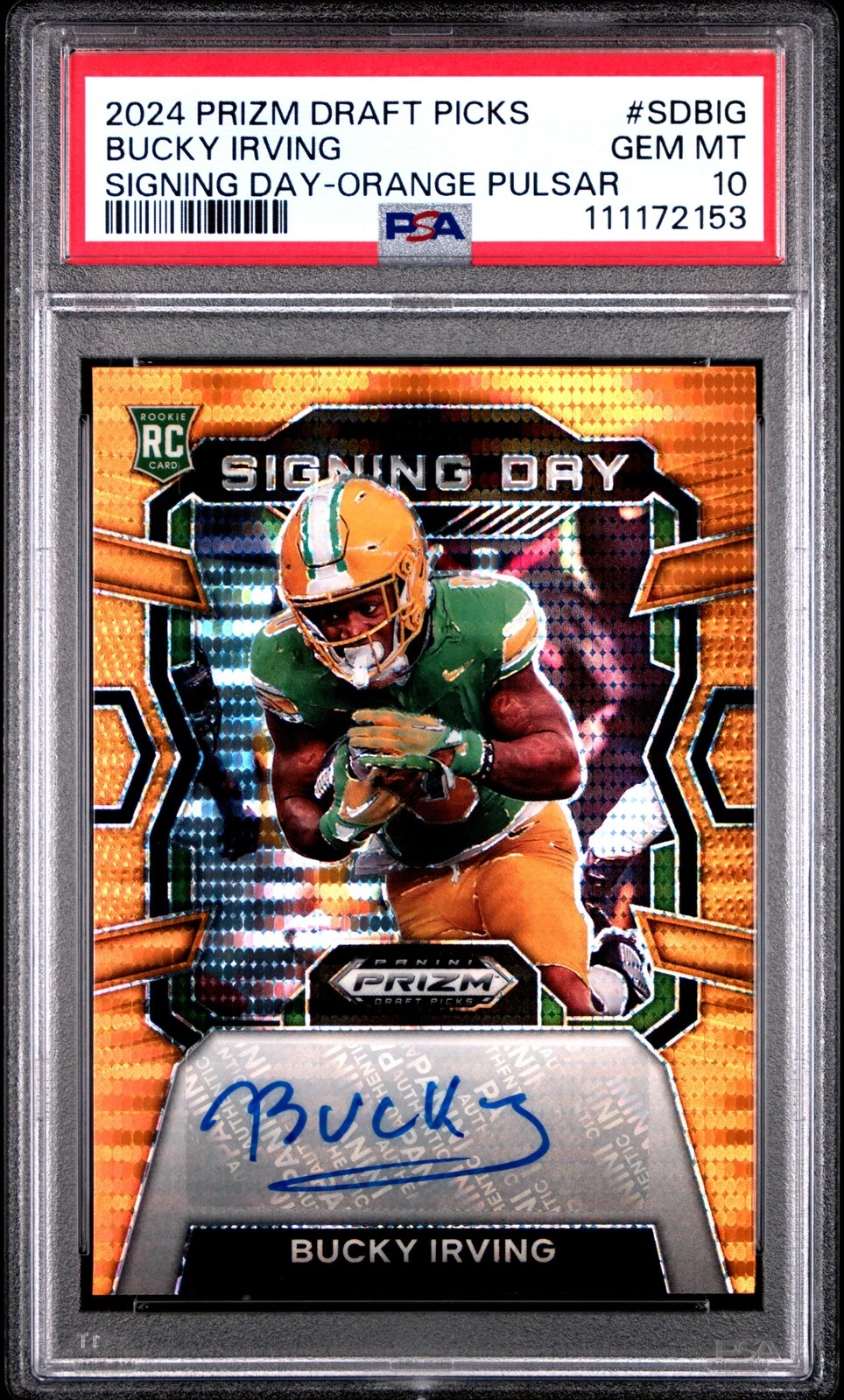 Bucky Irving Panini Prizm Draft Picks Signing Day #SDBIG Orange Pulsar