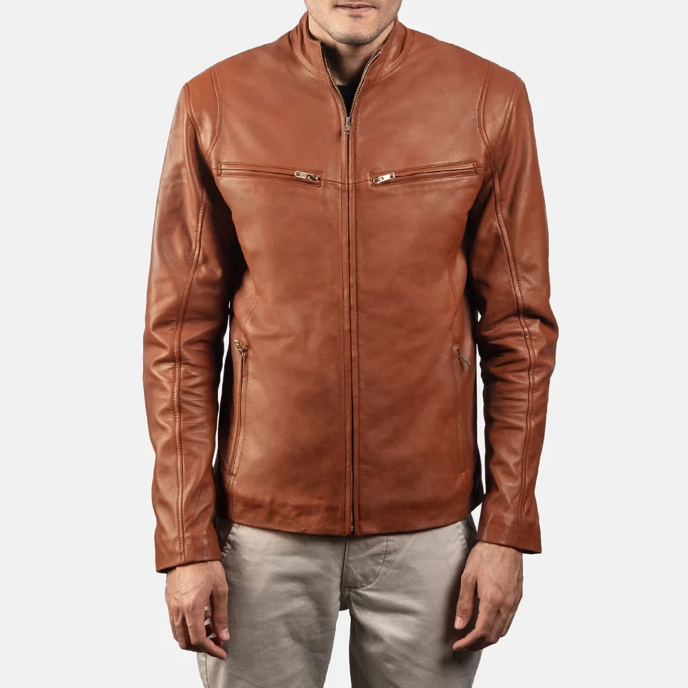 Men’s Brown Leather Jacket Slim Fit Stand Collar Casual Biker Style image 3