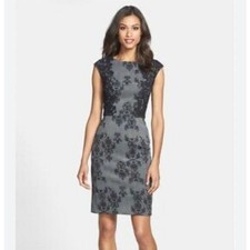 Adrianna Papell Lace Damask Sheath Dress Black Gray Cocktail Party Size 6 Chic