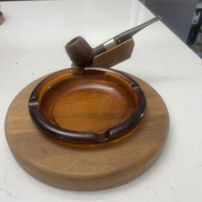 Vintage walnut Wood Amber Glass ashtray with pipe and pipe Rest