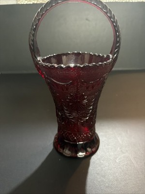 Vintage Tiara Red Amberina Indiana Sandwich Glass Basket  Vase 10  tall.
