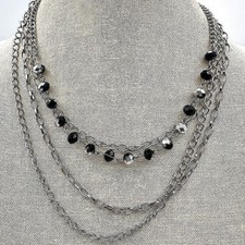 Vintage Y2K Silver Tone Layered Chain Beaded Necklace Women's Classic Jewelry