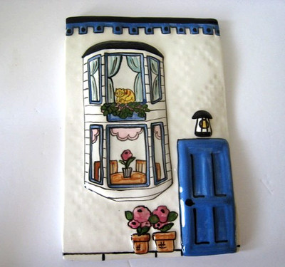 Hand Painted Ceramic Wall Hanging/Tile Cat, Flowers 3D- Signed Dated 8.5'' x 6''