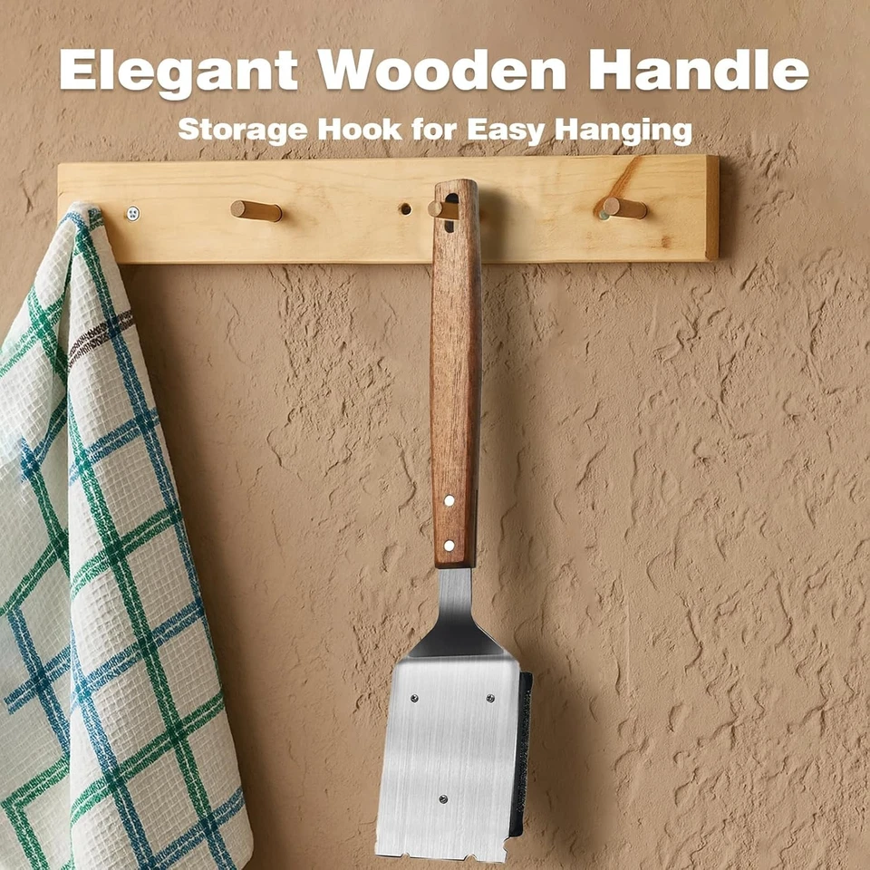 Cepillo para parrilla sin cerdas con cabezal de repuesto mango de madera limpiador de barbacoa Foto 2 de 4